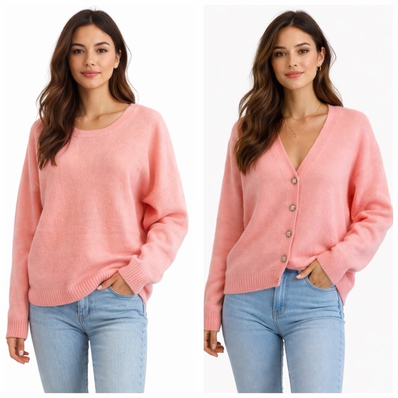 CeCe Sweaters - CeCe • Valentine Pink Sweater or Reversible Cardigan with Rhinestone Buttons